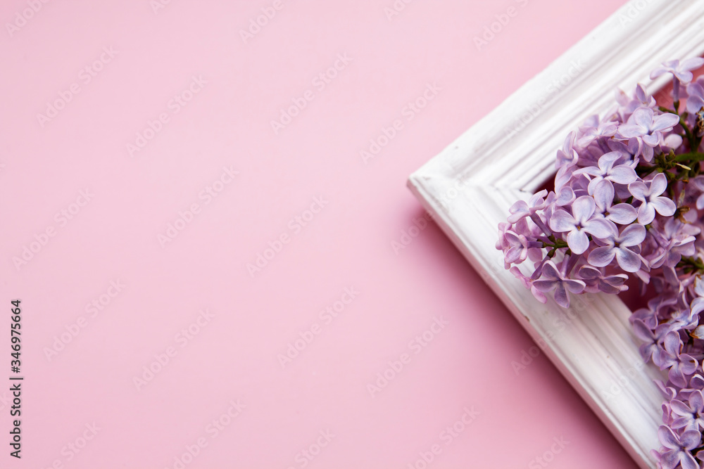 Lilac flowers with a wooden frame on a pink background. Spring concept with mine space. Lilac flowers with a wooden frame on a pink background. Spring concept with mine space.