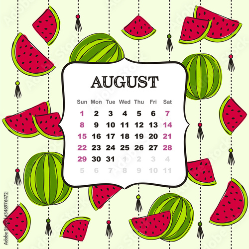 Thematic template for a calendar for 2021. The month of August. Design for a calendar on the theme of summer, heat and juicy watermelons. Yearbooks. Vector hand-drawn illustration, doodle style.