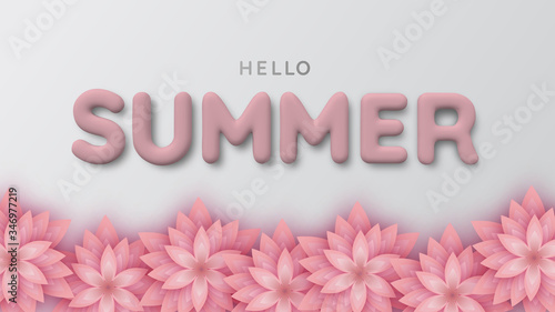 Background of pink paper flower and 3d white summer inscription. Hello summertime. Realistic 3d illustration. The poster for sale and an advertizing sign. Vector illustration