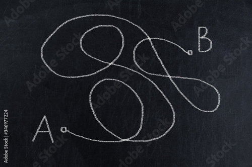 From point A to point B, not the shortest way on black chalkboard © Александр Бердюгин