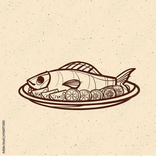 Fish with vegetables on a dish.. Vector illustration for menus and recipes. Sketch.