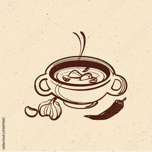 Soup in the tureen. Soup with garlic and pepper. Vector illustration for menus and recipes. Sketch. photo