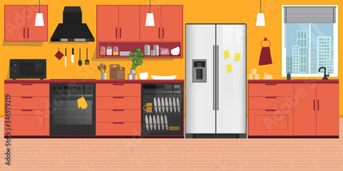 Kitchen Interior, with furniture. Flat style vector illustration.