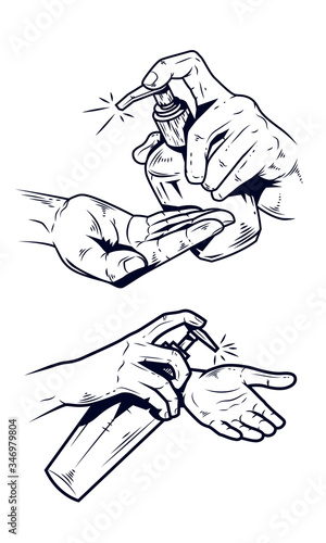 virus covid 19 pandemic respiratory pneumonia disease icons set line style icon clean hands.Mujer hombre Gel de alcohol de bomba manual para limpiar su hábito para matar el virus Corona. diecinueve 