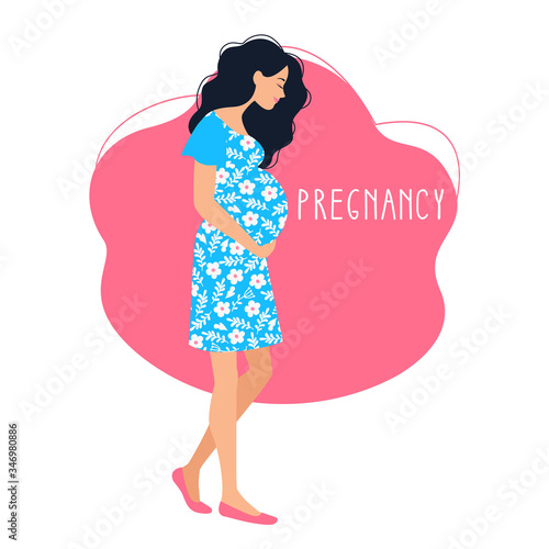 Pregnant woman walking. Happy pregnant woman in a dress with flowers holds her belly. Vector illustration.