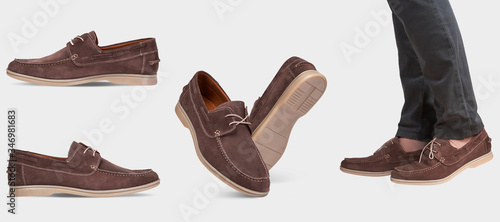 Obraz na plátně Men's summer suede brown loafers with laces and beige soles