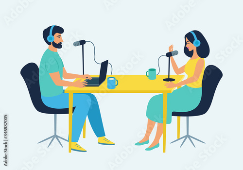 Podcast at studio. Male radio host interviewing female guest on radio station. People in headphones talking at the table. Broadcasting, podcasting vector illustration for website, web banner, etc