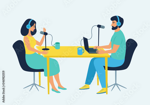 Podcast at studio. Male radio host interviewing female guest on radio station. People in headphones talking at the table. Broadcasting, podcasting vector illustration for website, web banner, etc