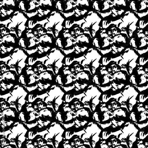 Black white is a seamless pattern. Monochrome pattern consists of flowers and leaves drawn by hand brush. A beautiful repetitive pattern of plants and flowers. Vector eps illustration.