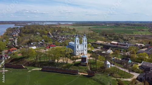 Aerial View of the Roman Catholic Church in Ludza, Latvia. Sunny Spring Day.