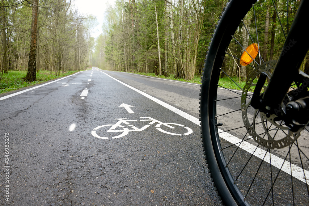 Bicycle wheel on a bike path in a summer forest. Bicycle lane signage on a street