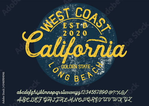 "California beach". Vintage Brush Script Modern Alphabet. Retro Typeface. Textured unique brush in alphabet style. Letters.Vector Alphabet. Exclusive Custom Letters.