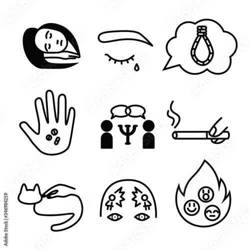 set on the theme of "emotional burnout" with icons: a girl is sad, a tear and eyes, a hand stroking a cat, smoking, thoughts of suicide, psychological counseling and help. black vector graphics