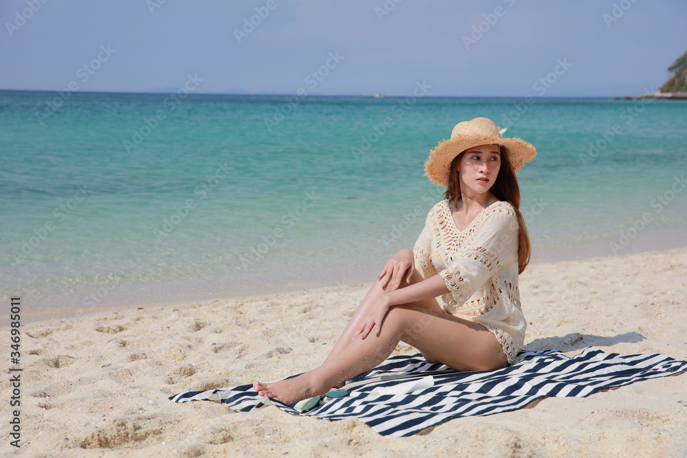 Portrait happy young woman on tropical beach Portrait happy young woman on tropical beach