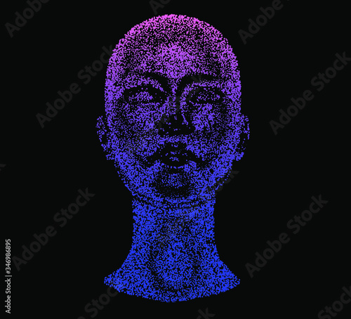 Human head made of partices on dark background. Face made with generative computer art algorithm. Concept of artificial intelligence, Machine learning and neural networks. photo