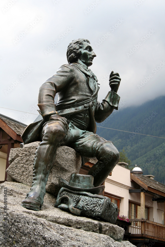 Famous mountaineer and scientist Dr Gabriel Paccard Statue in Chamonix, French Alps, France.
