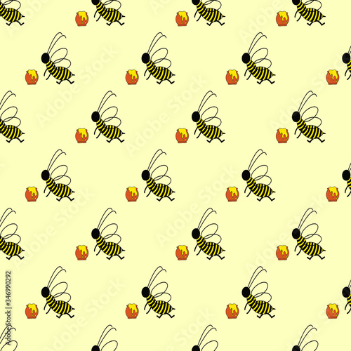 Seamless pattern of bees with honey pots.