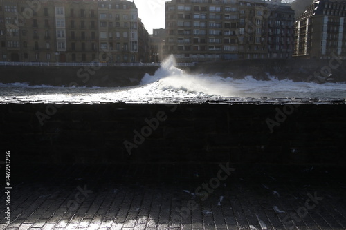 Waves hitting the shore in San Sebastian
