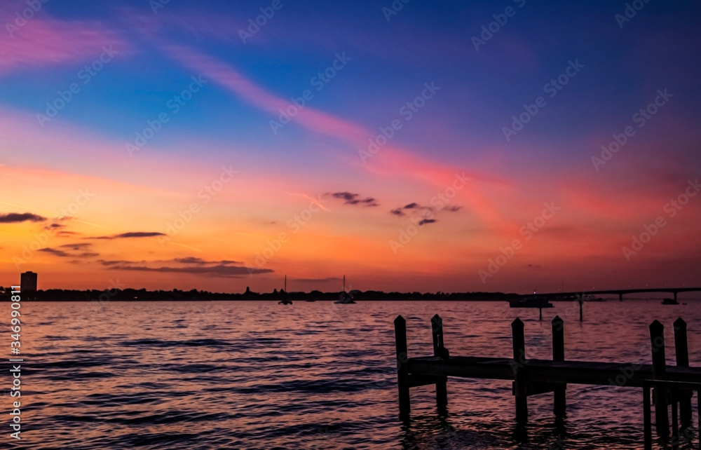 sunset over the sea, sky, pier, water, clouds, landscape, orange, evening, dusk, horizon, 