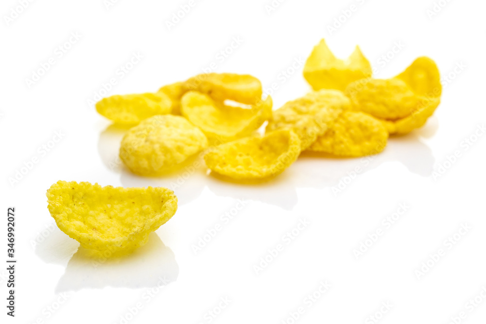 Isolated corn flakes on white. Snack Cereal yellow Healthy Cornflakes - Superfood background. Vegan gluten-free organic, healthy diet vegetarian superfood with antioxidant, mineral nutrients. Isolated corn flakes on white. Snack Cereal yellow Healthy Cornflakes - Superfood background. Vegan gluten-free organic, healthy diet vegetarian superfood with antioxidant, mineral nutrients.