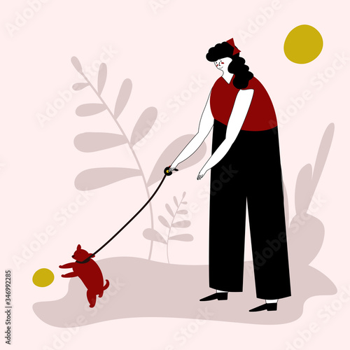 Young cute girl walking with a dog. Vector illustration for service of pet sitter, walker, vet clinic, pet care, hospital, dog shelter. Design template for poster, booklet, Woman plays with a dog