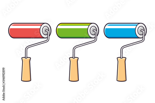 Red, green and blue paint rollers isolated.