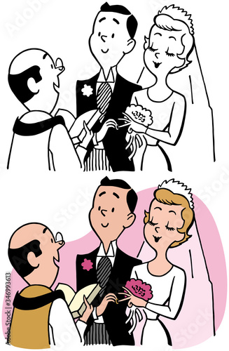 A cartoon of a couple getting married by a preacher. 