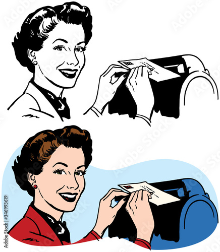 A drawing of a woman dropping a stamped letter into a mailbox. 