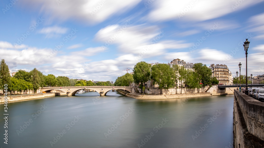 Paris, France - May 1, 2020: West end side of Ile St Louis in Paris. Long exposure photography