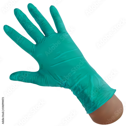 Glove viewing nitrile green on a hand. Individual protection against bacteria, viruses and various organic and chemical pollutants. Safety measures in medicine and healthcare. Vector illustration