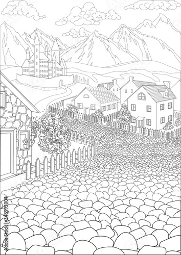 Coloring book for adults with cute village and beautiful castle in the background