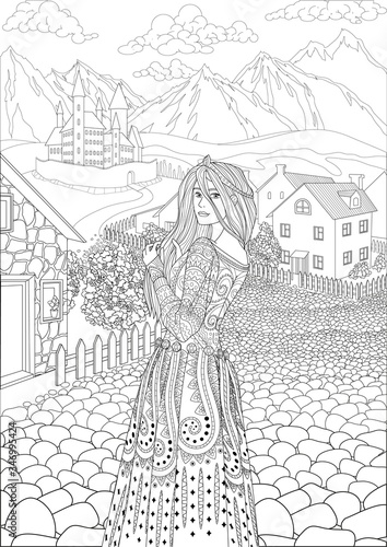 Coloring book for adults with beautiful medieval princess dressed in historical outfit stading in the cute village and beautiful castle in the background