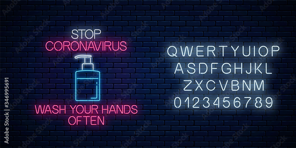 Stop coronavirus neon sign with liquid soap. COVID-19 virus caution symbol in neon style with alphabet. Coronavirus disease prevention sign. Vector illustration. Shiny world pandemic alert design Stop coronavirus neon sign with liquid soap. COVID-19 virus caution symbol in neon style with alphabet. Coronavirus disease prevention sign. Vector illustration. Shiny world pandemic alert design