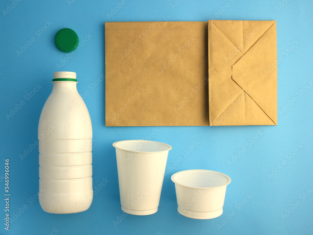 plastic dishes, waste, paper bag, ecology concept plastic dishes, waste, paper bag, ecology concept