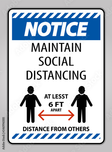 Notice Maintain Social Distancing At Least 6 Ft Sign On White Background,Vector Illustration EPS.10