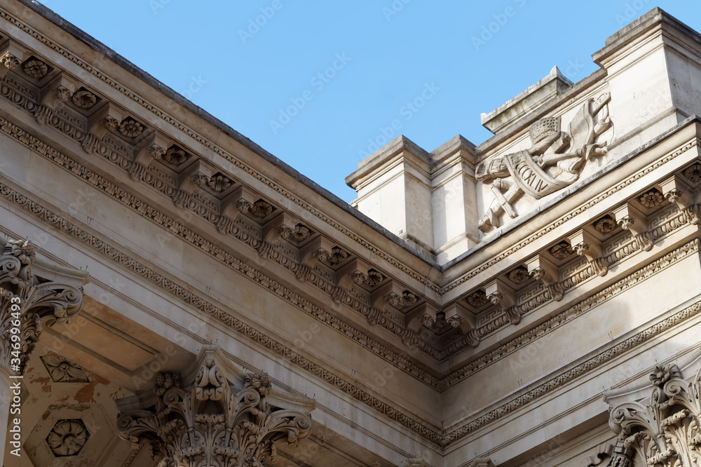 Details of Corinthian capital and corbel of the Bank of England, London, UK.