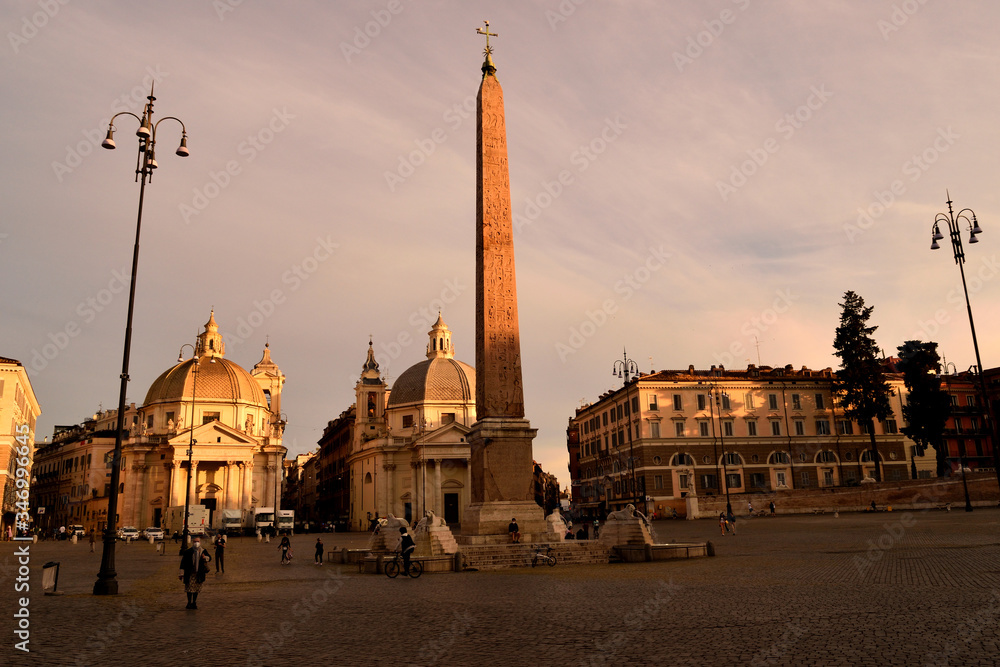 View of the Piazza del Popolo without tourists due to the phase 2 of lockdown