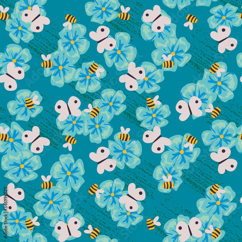Forget me not flowers  bees and butterflies seamless vector pattern. Summertime meadow surface print design. For fabrics  stationery and packaging.