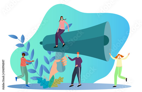 People are standing near a large megaphone.The concept of business promotion, service advertising, voice notification, and employee recruitment.Flat vector illustration.
