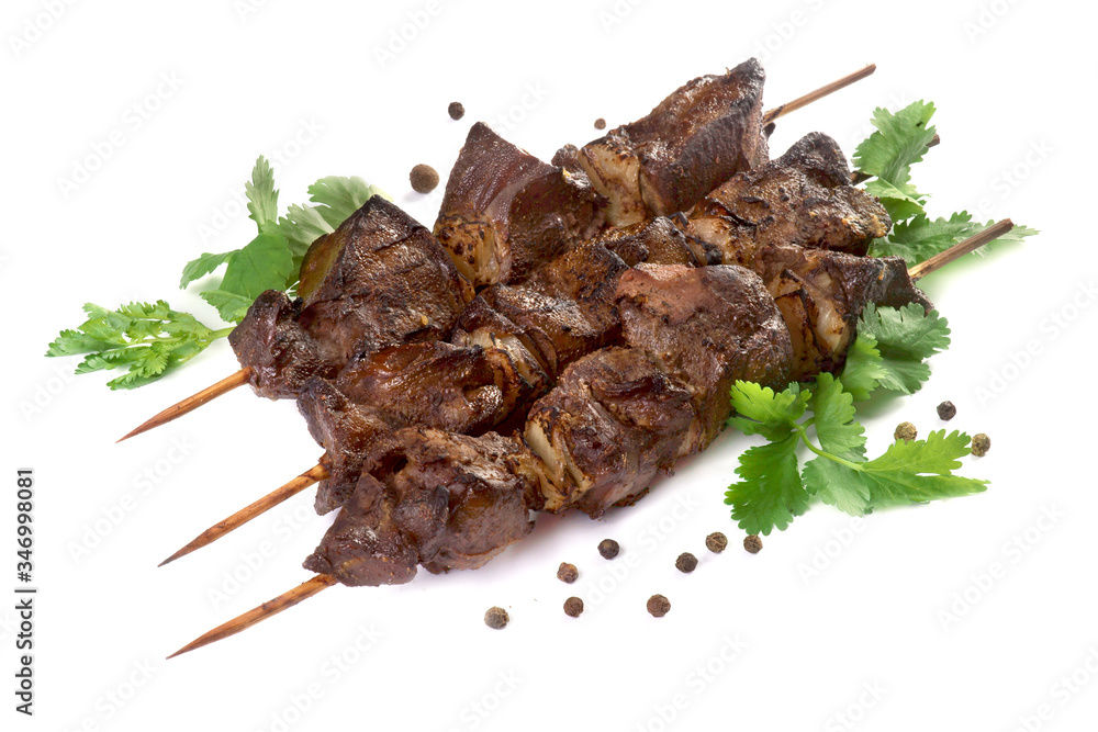 liver kebab with herbs and spices on a white background