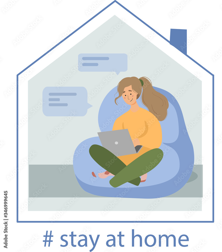 Work online from home during quarantine. Woman with a computer in an armchair. Freelancer or training. Cute vector in a flat style. Social distancing and self-isolation during corona virus COVID-19. Work online from home during quarantine. Woman with a computer in an armchair. Freelancer or training. Cute vector in a flat style. Social distancing and self-isolation during corona virus COVID-19.