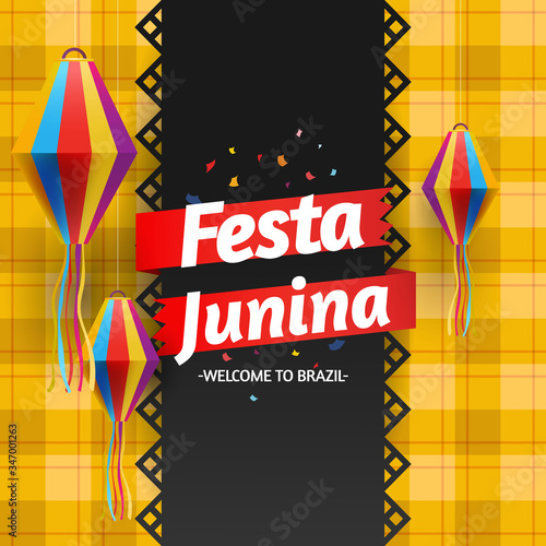 Festa junina illustration with party flags and paper lantern