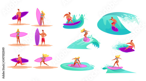 Vector young men women surfing riding waves
