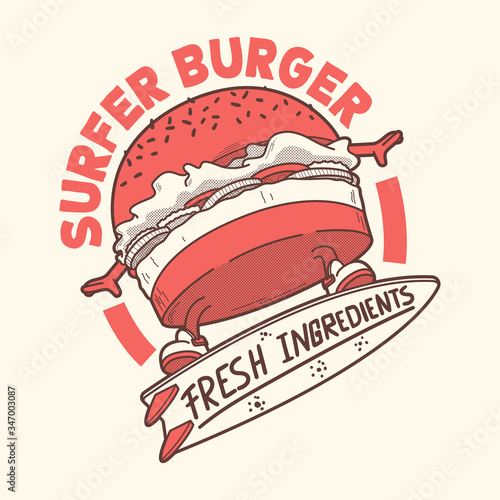 Surfer Burger character vector illustration. Fast food, restaurant, business, branding design concept