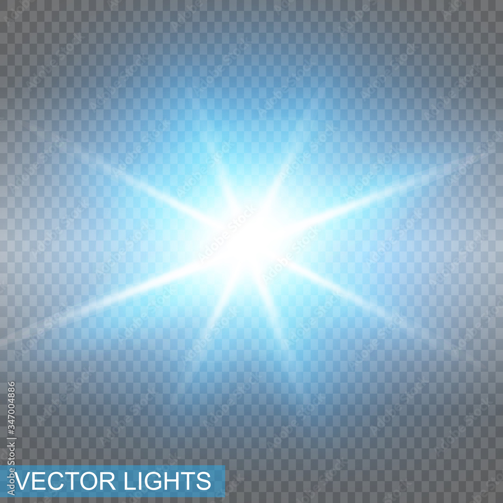 Set of Vector Neon Light Effects. Blue glowing light explodes .Bright Star. Special line flare light effects for design and decor. Blue background.