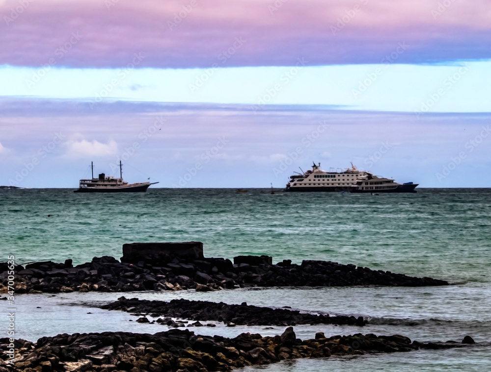ship in the sea, ocean, clouds, rocks, island, summer, beach, port, travel, Santa Cruz, Galapagos, Ecuador, 