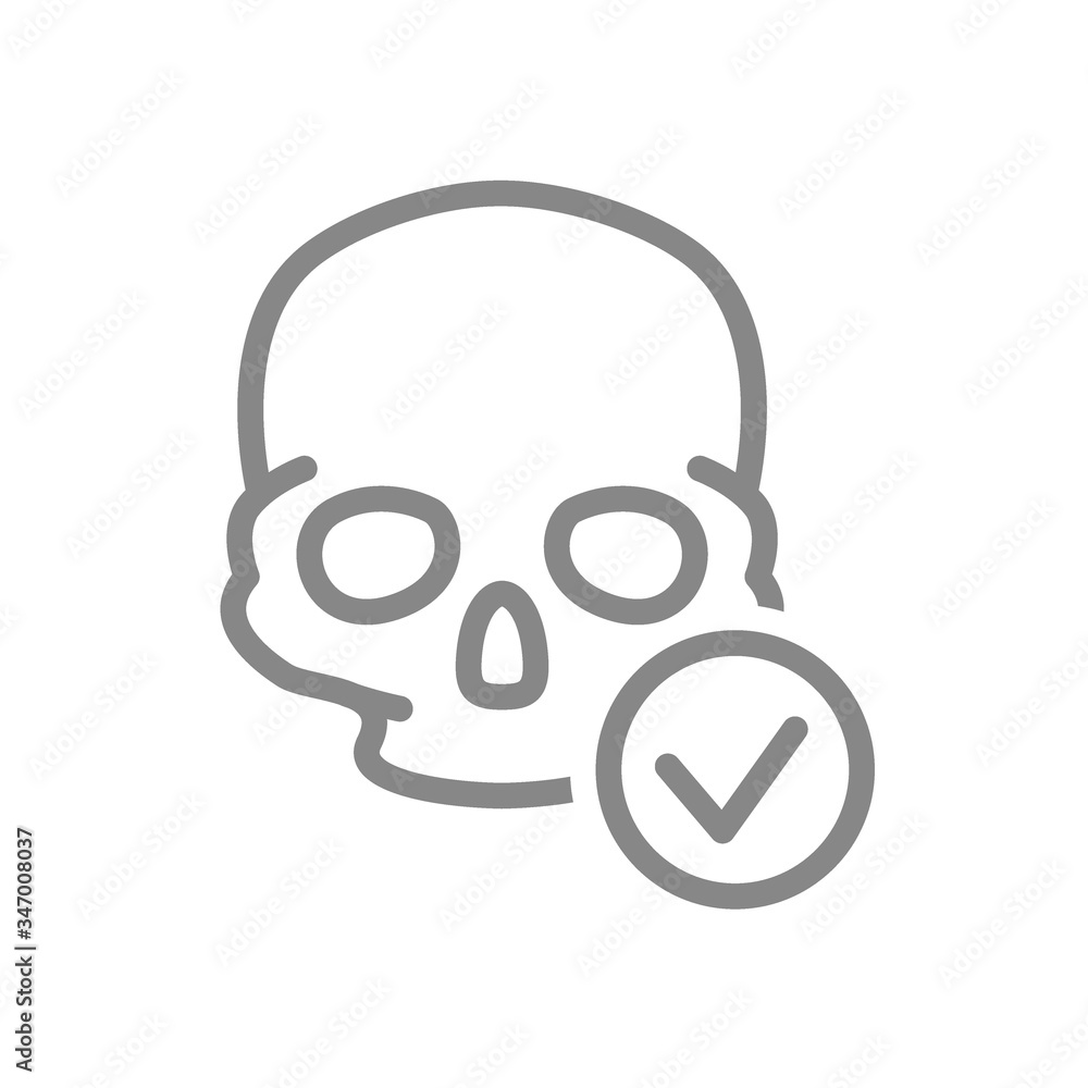 Skull with tick checkmark line icon. Bone structure of the head symbol Skull with tick checkmark line icon. Bone structure of the head symbol