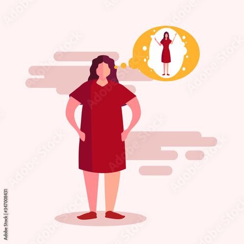 Obesity vector concept: fat female figure thinking & wishing for thinner body in pink background