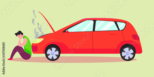 Broken car flat design vector concept: Depressed man sitting in front his overheat car