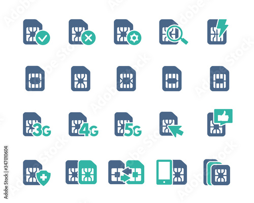 Set of SIM card flat icons. 3G, 4G, 5G - network, mobile internet, EMV chip, cards slot, phone chip and more.